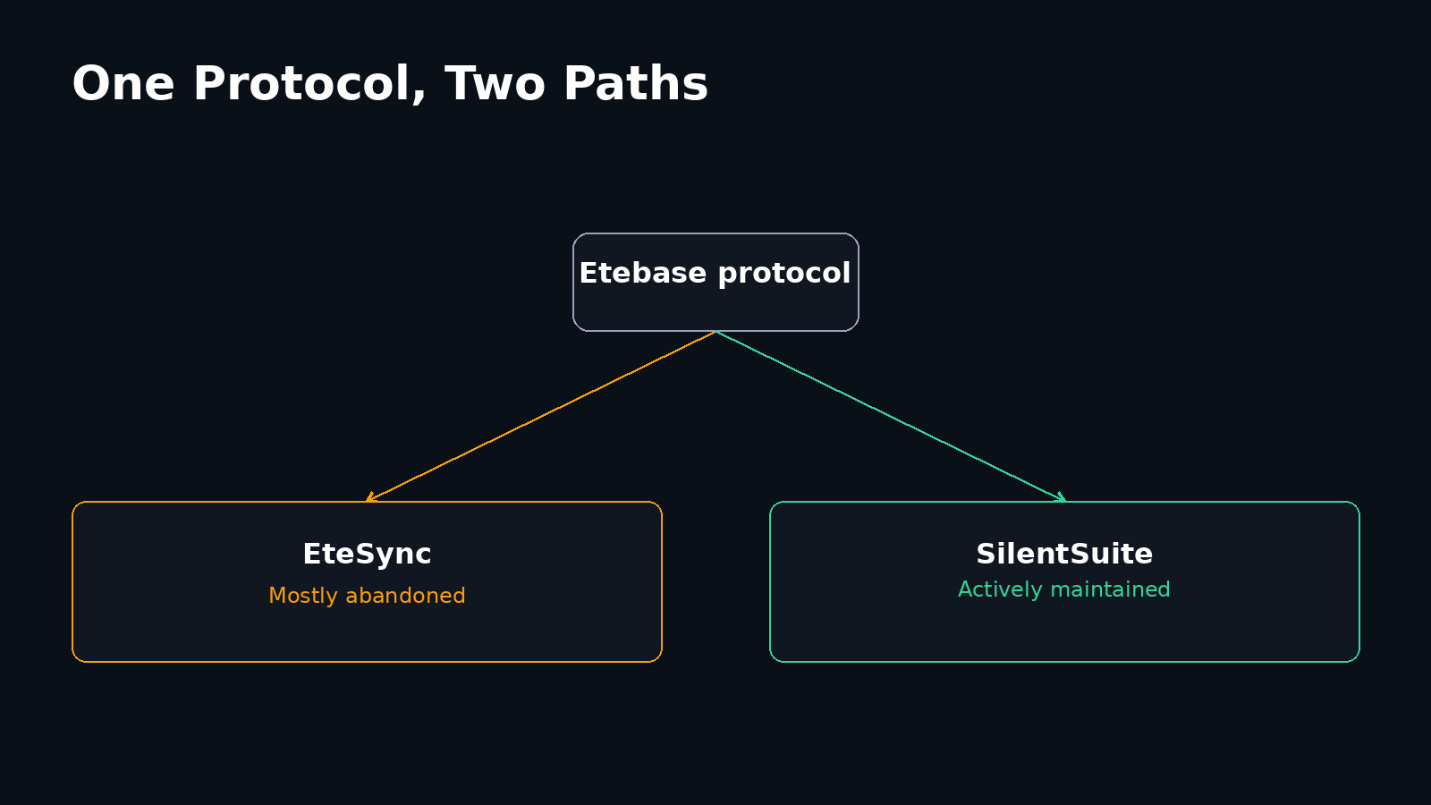Fork diagram: the Etebase protocol splits into a mostly abandoned EteSync stack and an actively maintained SilentSuite release train.