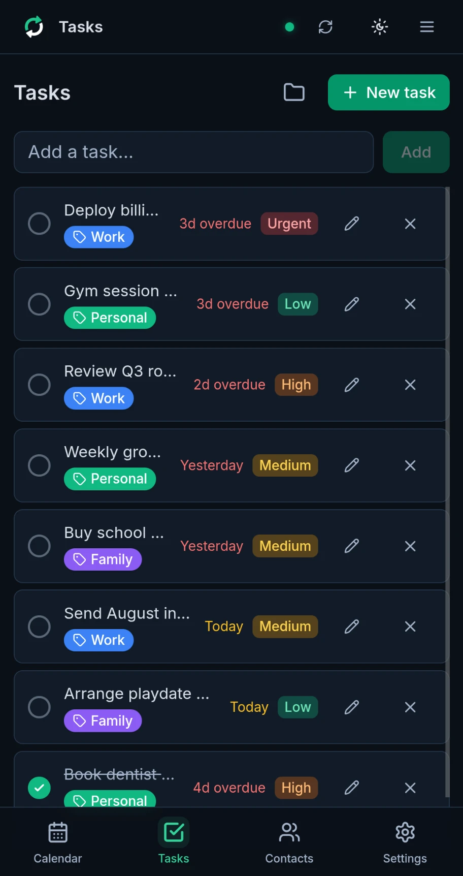 Tasks: list, dark